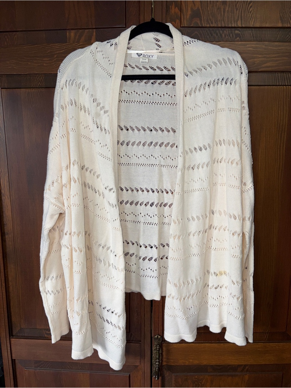 Roxy Cream Pointelle Open Knit Cardigan Sweater Off White Cotton Boho Size M
